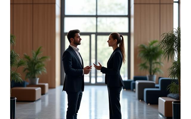 モダンなロビーで打ち合わせをするビジネスパーソン