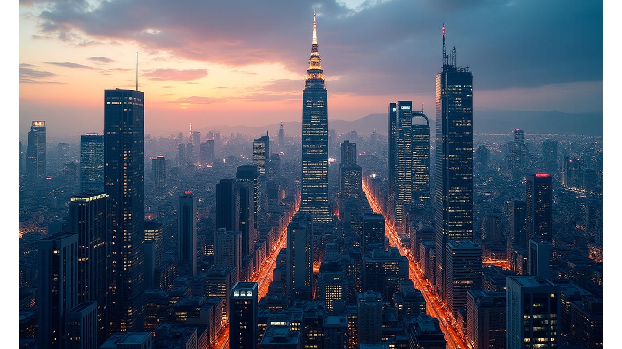 東京の近代的な街並みを背景に、プロフェッショナルな高層ビル群が建ち並ぶ景観。煌地所の使命を象徴する